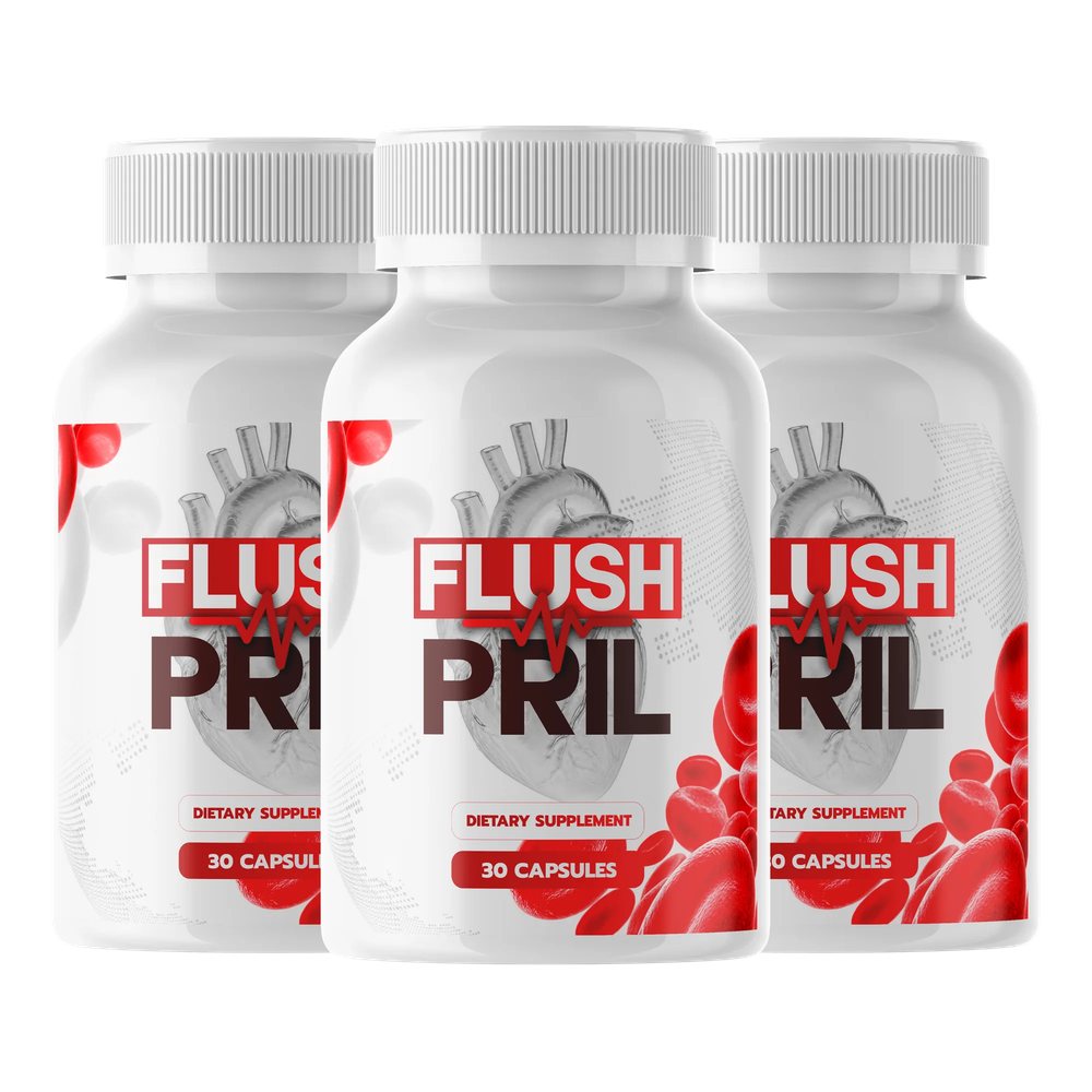 Three bottles of FlushPril heart and circulation support capsules, 30 capsules each