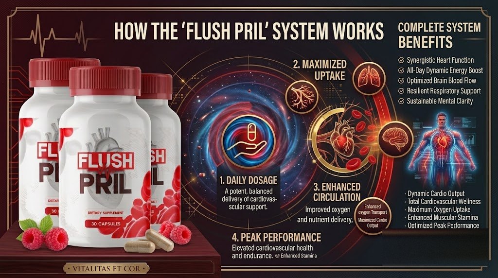 The brand's FlushPril four-step system infographic: daily dosage, uptake, circulation, performance